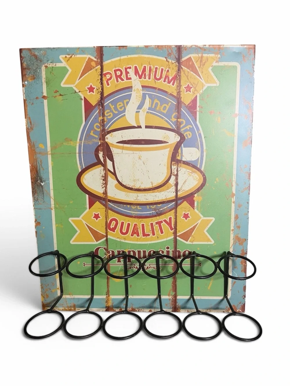 Vintage Cappuccino Coffee Sign & K Cup Rack Wall Decor – Retro Café